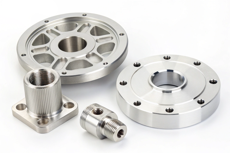 CNC-machined parts set, including flanges and threaded fittings