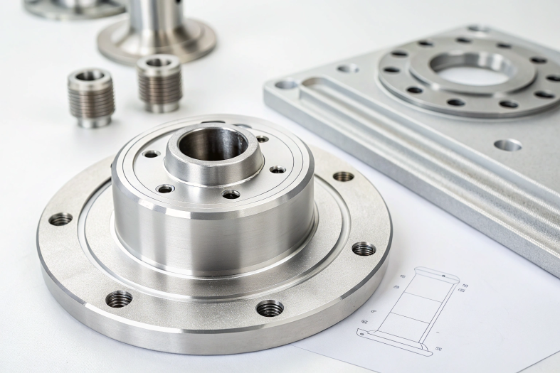 CNC machined flange, displaying polished finish and symmetrical design