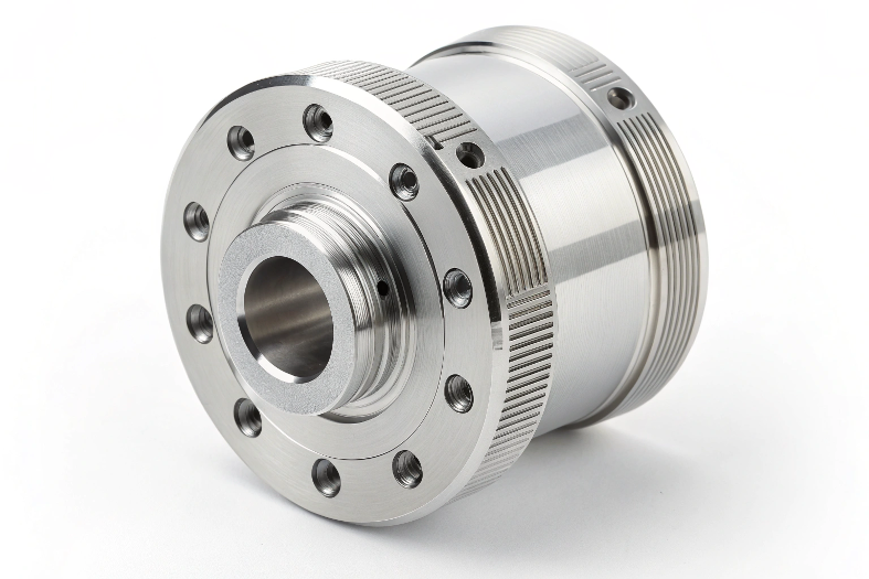 CNC machined cylindrical component with precision grooves and symmetrical design