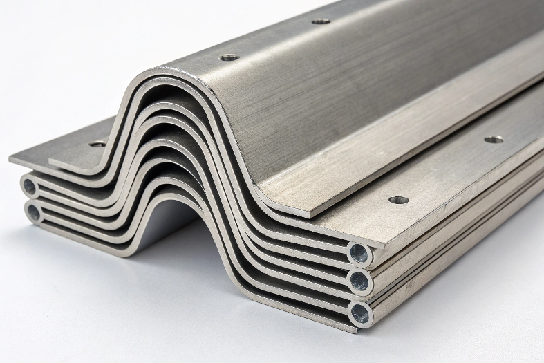 Stacked CNC machined rails, highlighting consistency and high-volume production capability