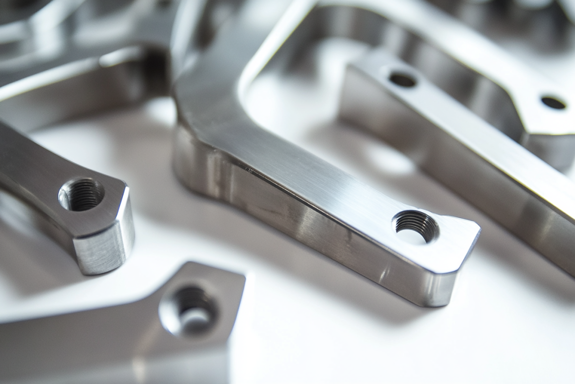 Close-up of CNC machined metal components, showcasing precision threads and smooth finishing