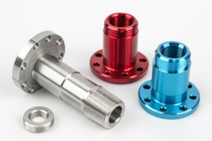 Close-up of threaded aluminum parts, emphasizing machining accuracy
