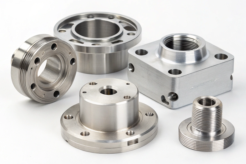 Set of CNC machined components with intricate threading and designs