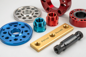 Anodized and powder-coated CNC parts, in vibrant colors like red and blue