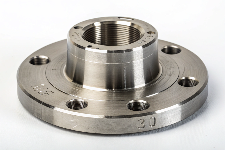 Precision CNC machined flange with engraved markings and smooth threading