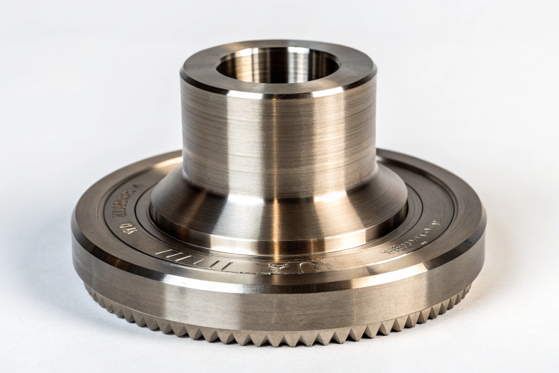 High-precision machined component with intricate gear-like features