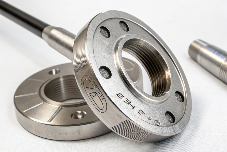 CNC machined flange components with engraved details and precision threading