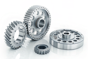 Steel mechanical parts with gear components, emphasizing durability